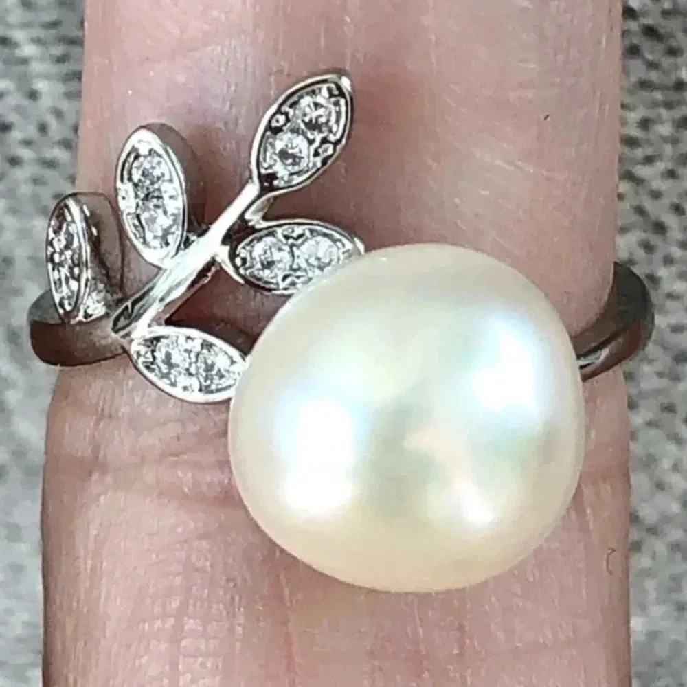 11-12mm Real White Baroque Pearl & Faux Diamond 925 Silver Adjustable Ring NEW